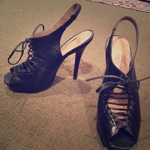 Black lace up wedge heels